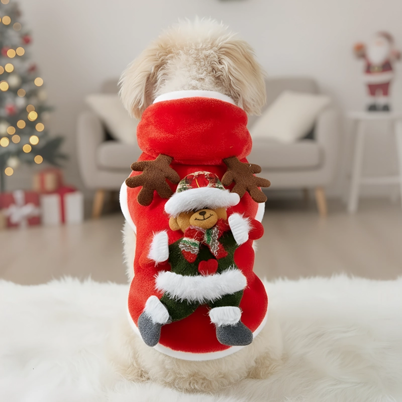 dog reindeer costume, dog red coat, dog christmas costume, dog reindeer outfit, dog cloak with raindeer antlers,